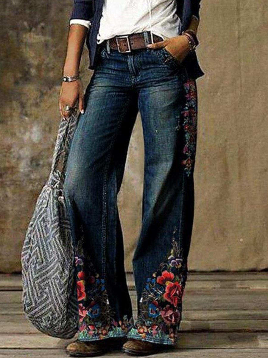 Retro Fashion Printed Casual Wide-Leg Jeans