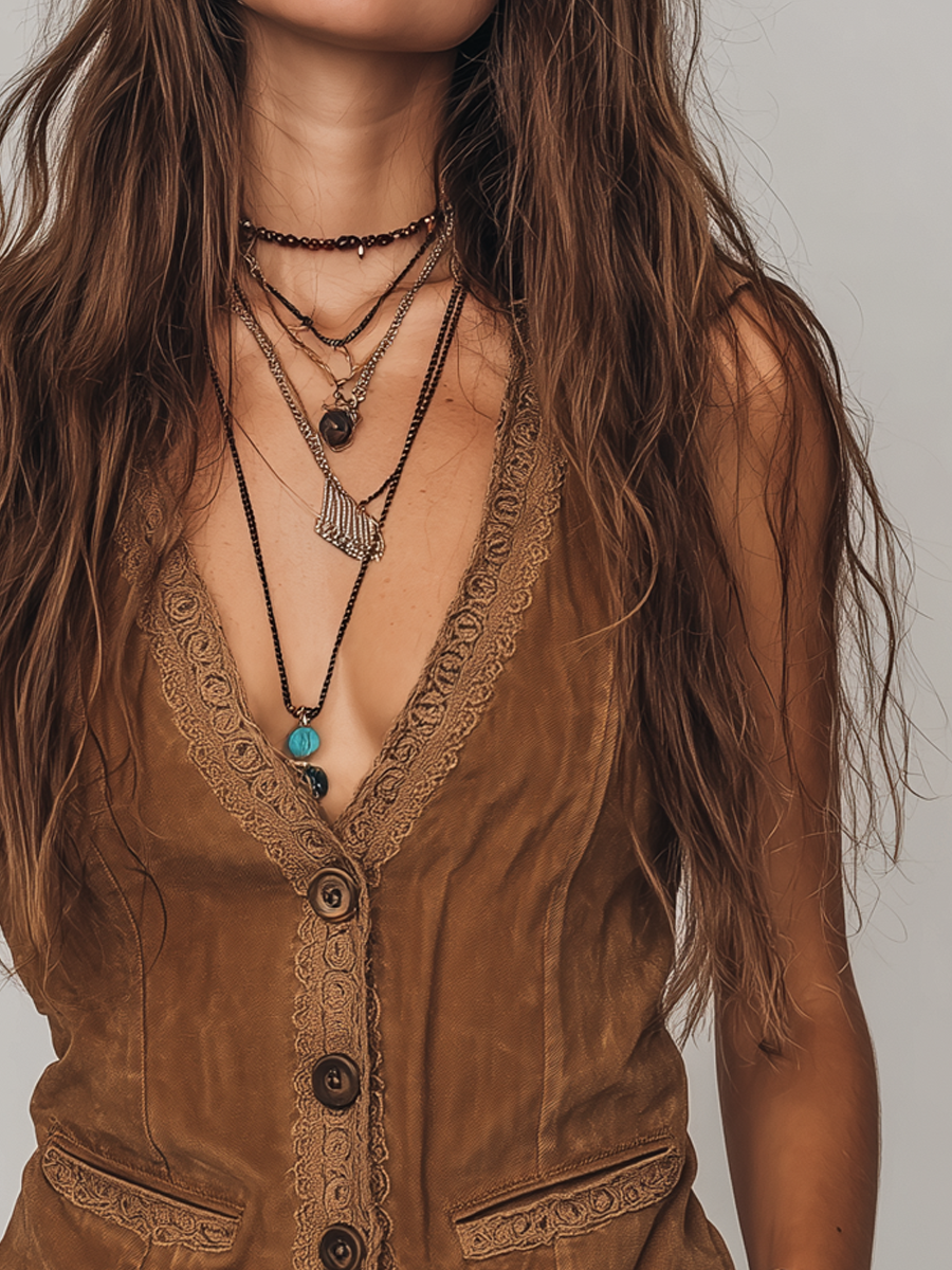 Vintage Lace Trim Distressed Faux Suede Vest