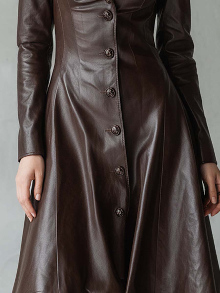 Vintage Brown Leather A-Line Midi Dress