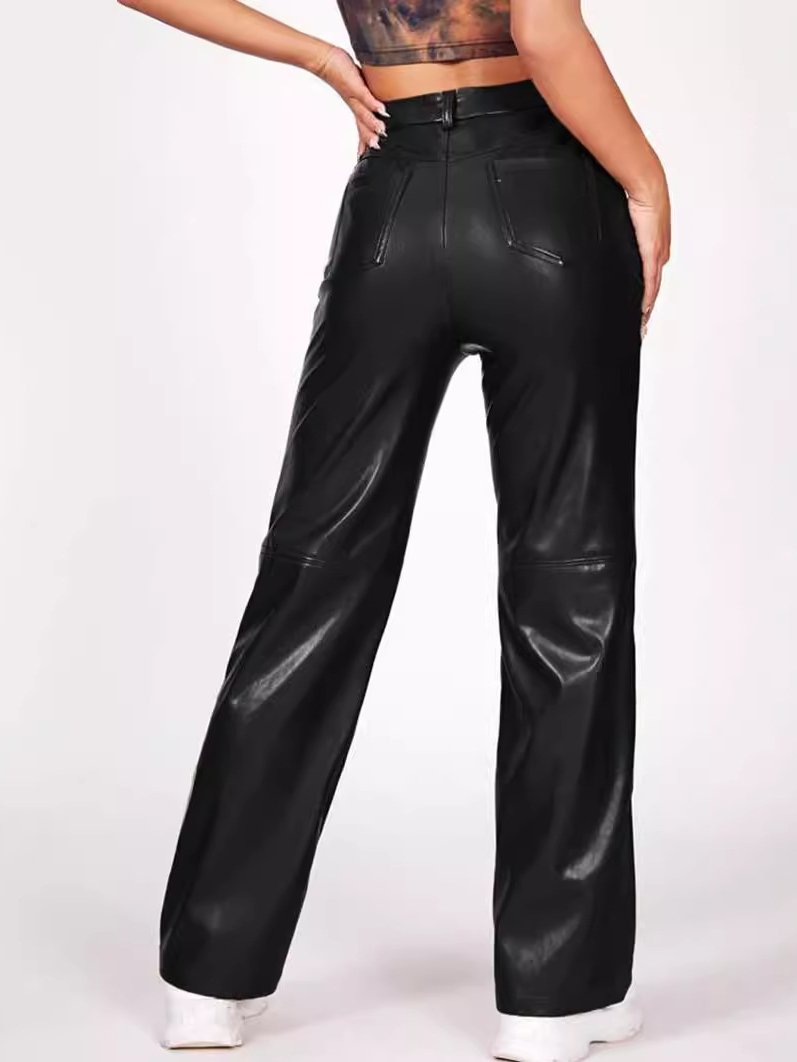 Stylish High Waist PU Leater Straight-leg Pants