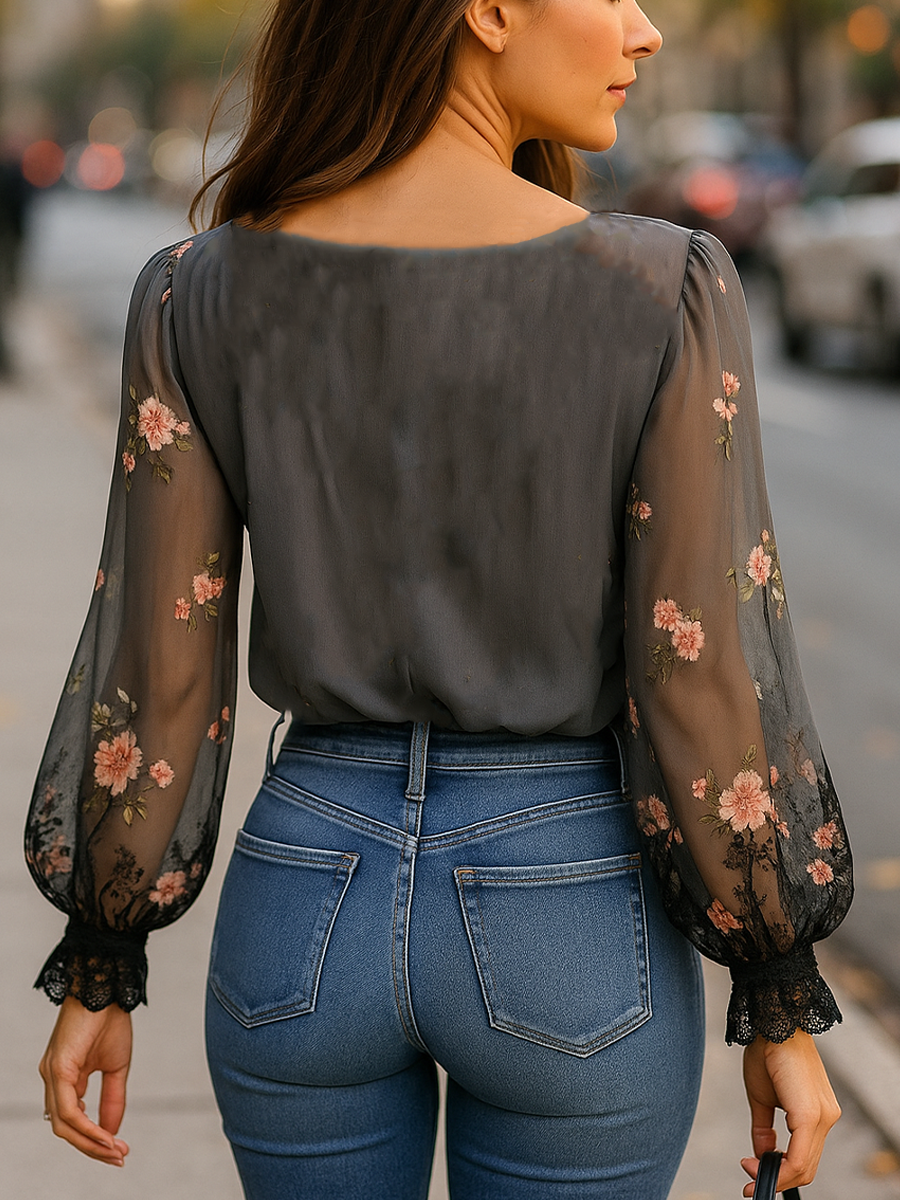 Boho Sheer Floral V-Neck Blouse