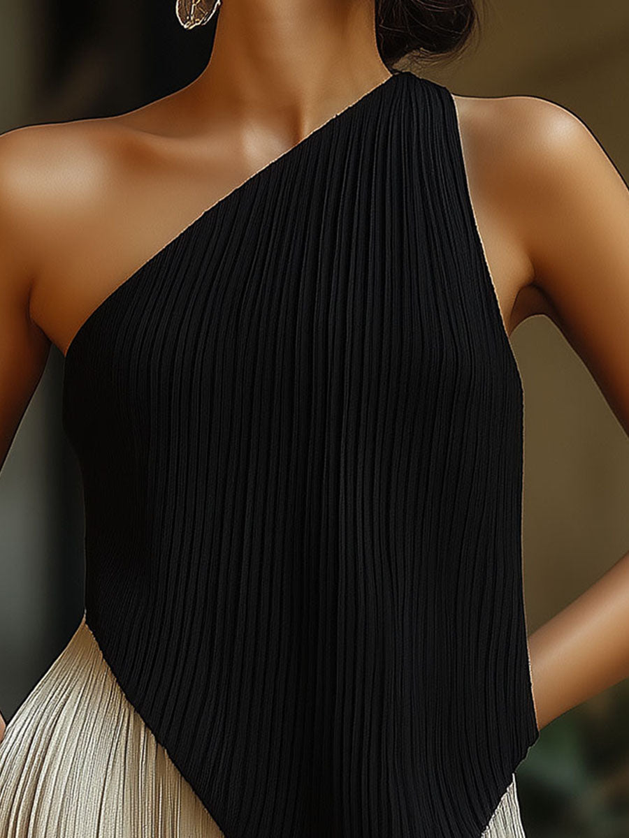 Minimalism Asymmetric Pleated One-Shoulder Top