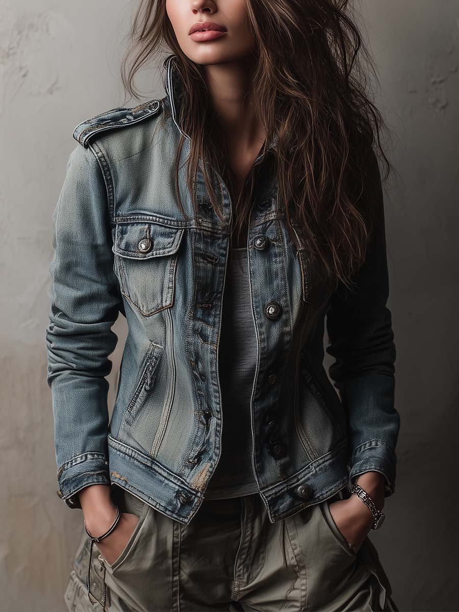 Washed And Faded Utility Denim Jacket With Epaulettes