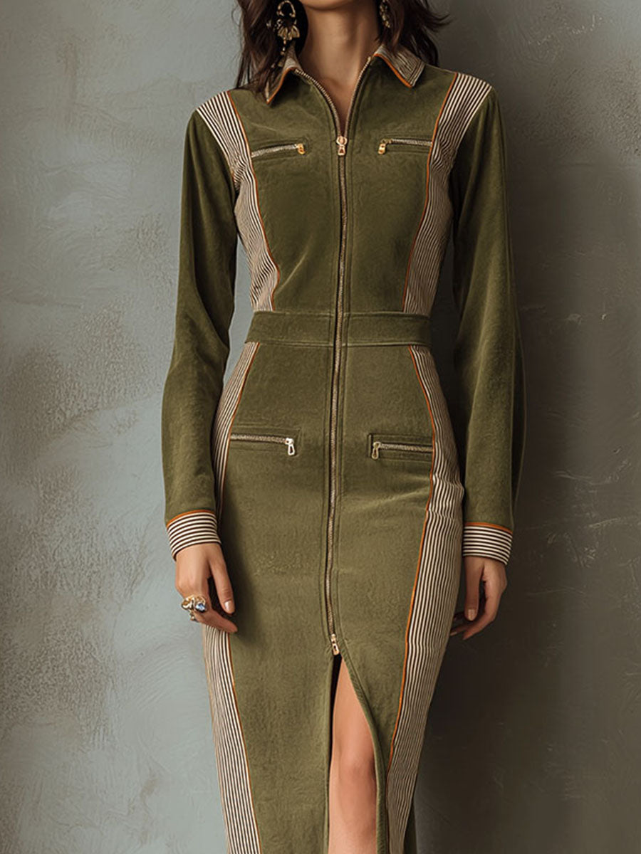 Olive Green Zip-Up Midi Dress With Contrast Stripe Panels