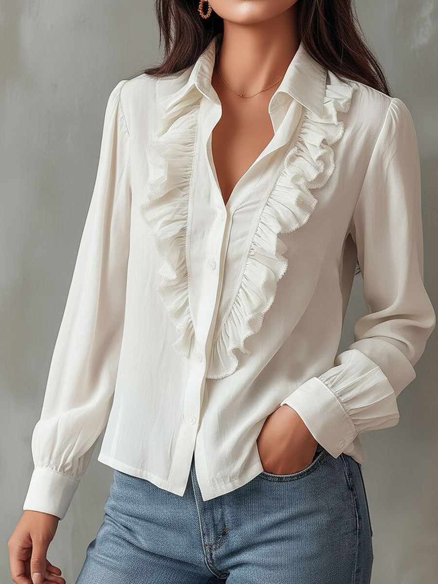 Vintage White Ruffle Button-Down Shirt