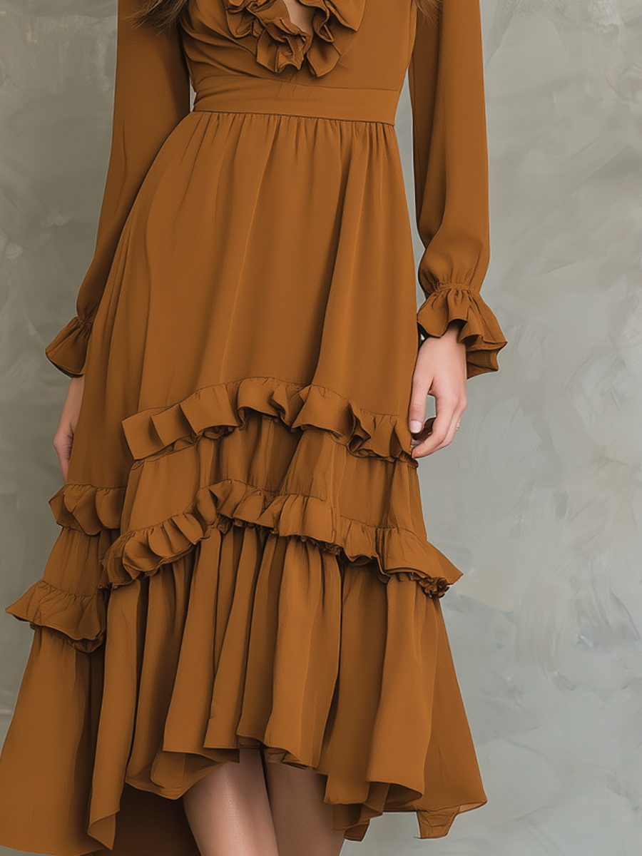 Retro Ruffle Neck Long-sleeved Midi Dress