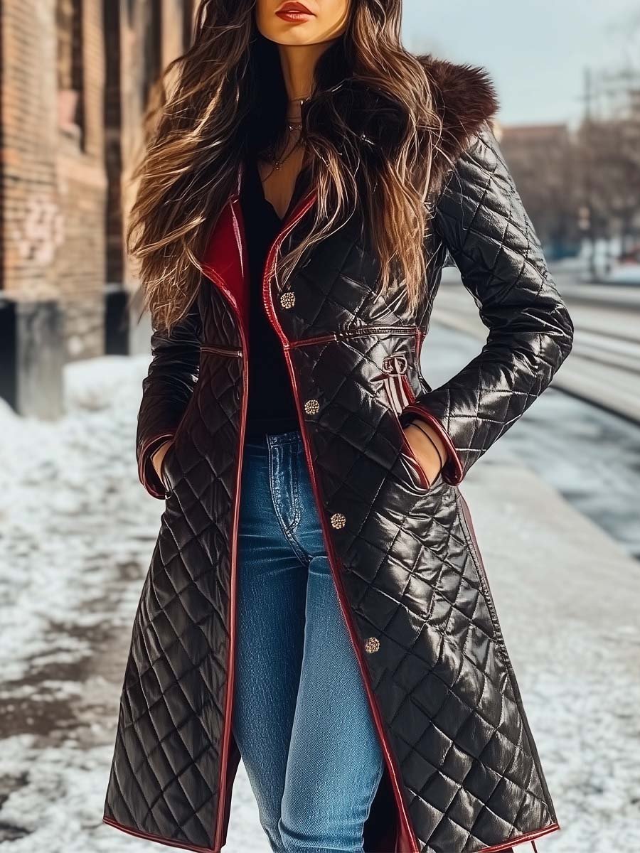 Women's Vintage Fur Collar Contrasting Colors Quilted Coat