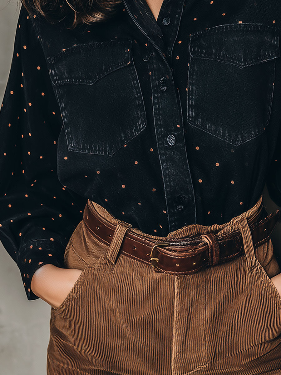 Black Denim Polka Dot Button-Up Shirt With Chest Pockets