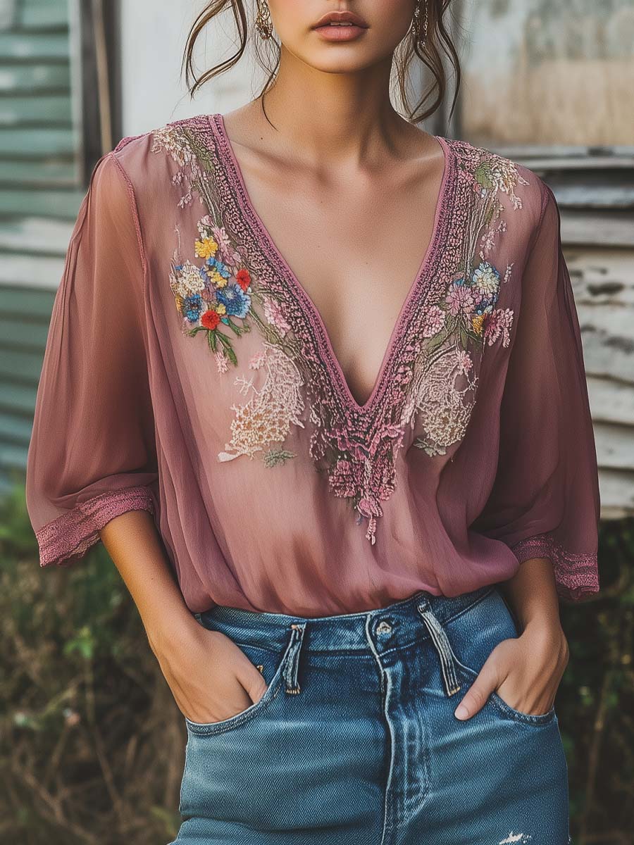 Elegant Gray Purple Floral Embroidery Half Sleeve Chiffon Shirt