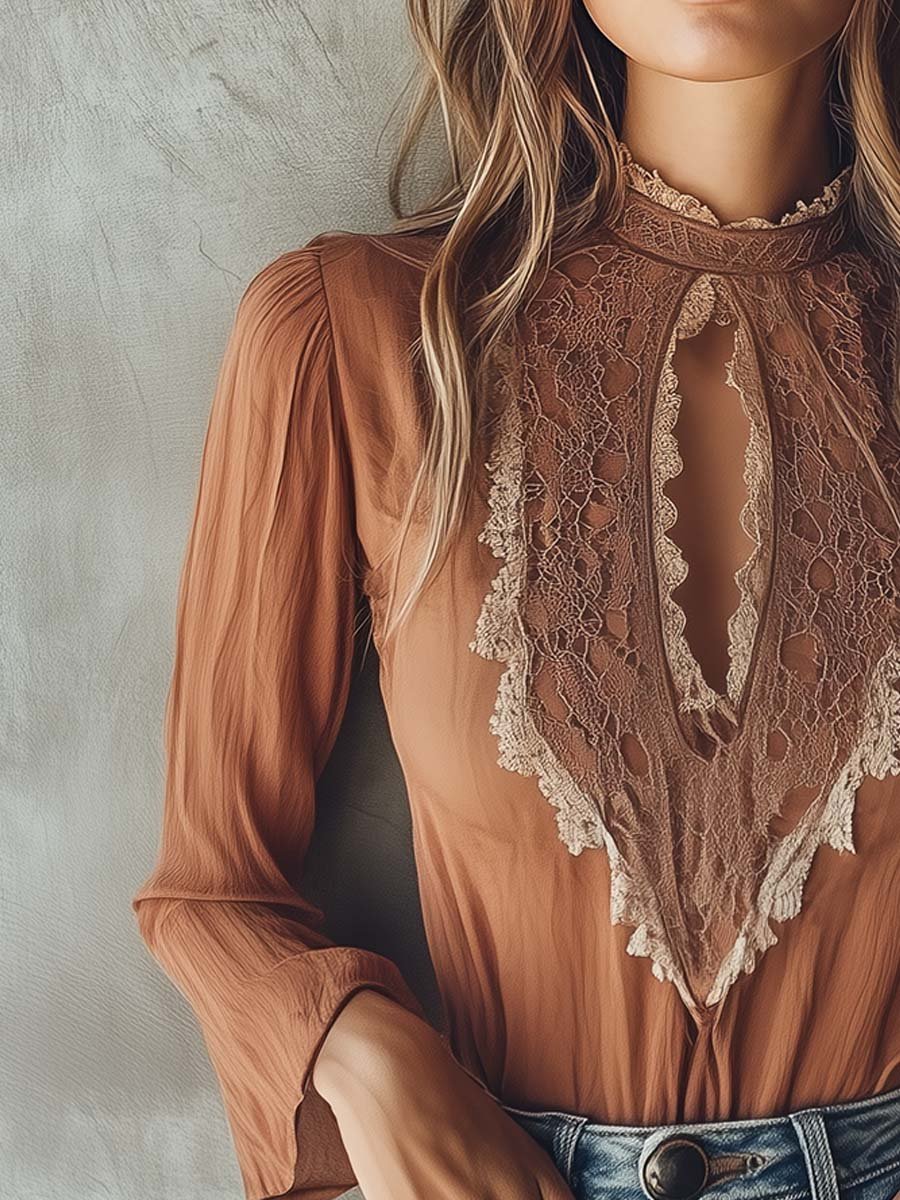 Elegant Keyhole Lace-Accent Blouse in Warm Cinnamon