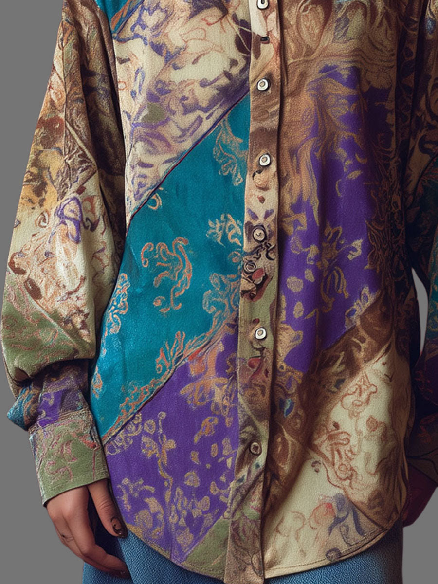 Retro Multicolor Baroque Floral Print Oversized Button-Down Shirt