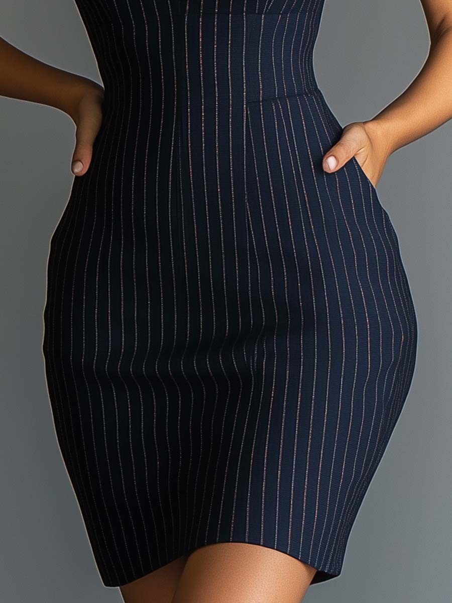 Halter Pinstripe V - neck Bodycon Dress