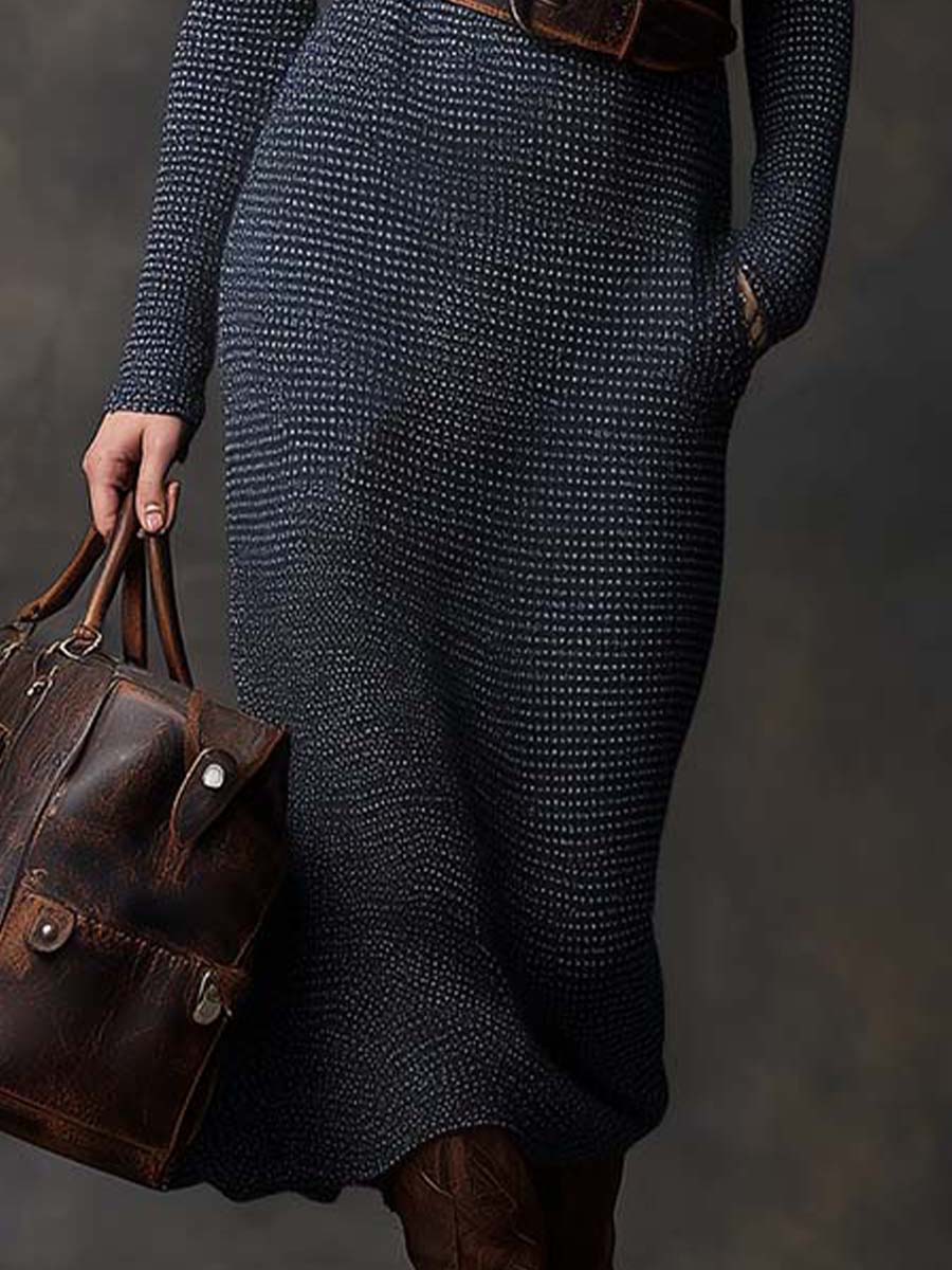 Vintage Navy Patterned Knit Maxi Dress