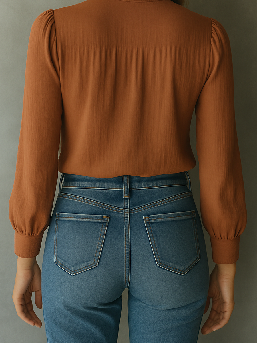 Elegant Keyhole Lace-Accent Blouse in Warm Cinnamon