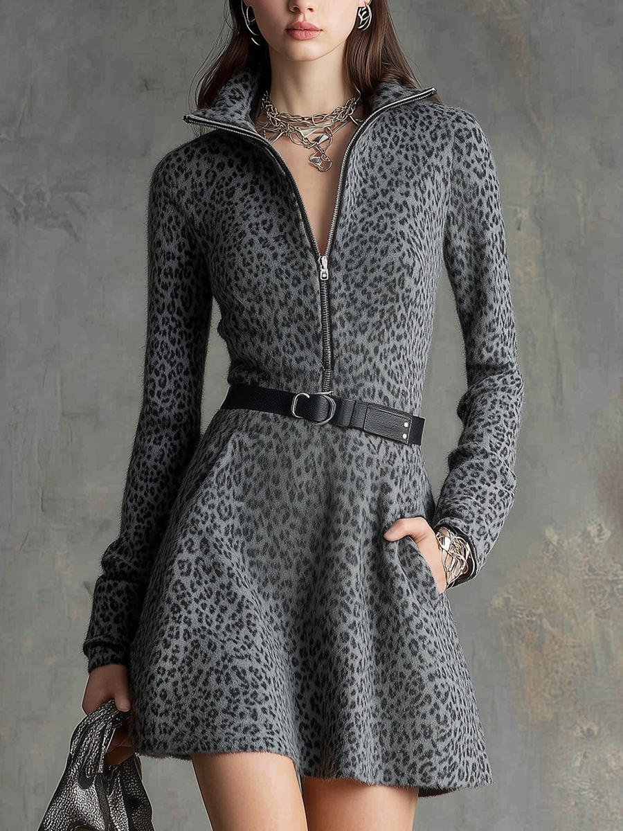 Retro Leopard Zipper Collar Knitted Mini Dress