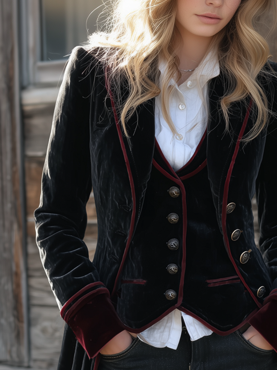 Vintage Contrast Trim Velvet Long Jacket