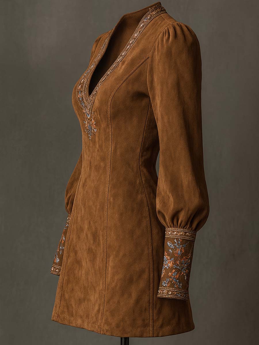 Vintage Suede Embroidered Mini Dress With Long Sleeves