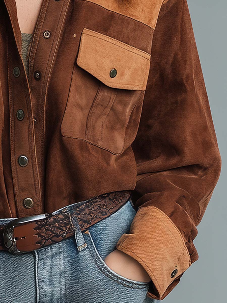 Vintage Suede Patchwork Shirt – Two-Tone Western Style