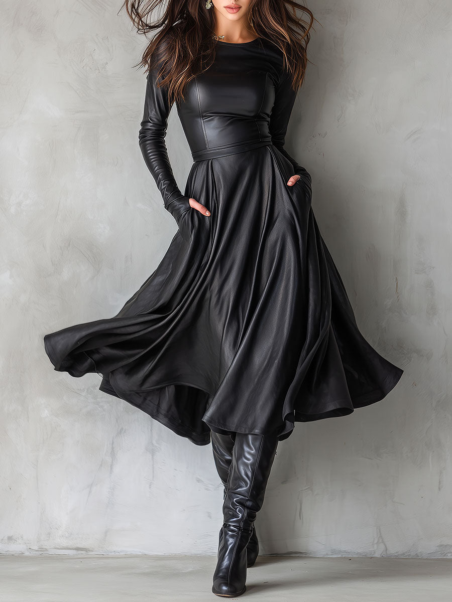 Elegant Black Eco Leather Fit And Flare Midi Dress With Pockets