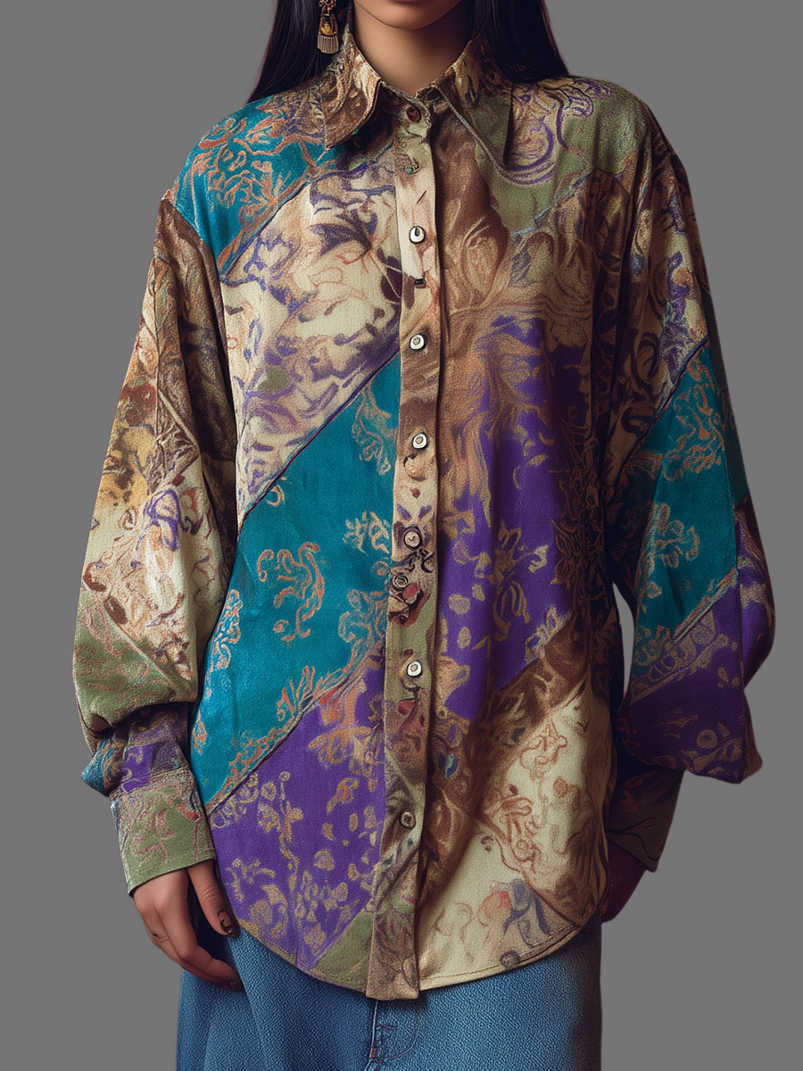 Retro Multicolor Baroque Floral Print Oversized Button-Down Shirt
