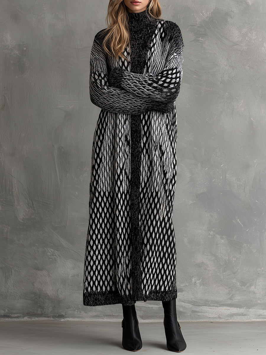 Cozy Black And White Geometric Pattern Maxi Sweater Dress