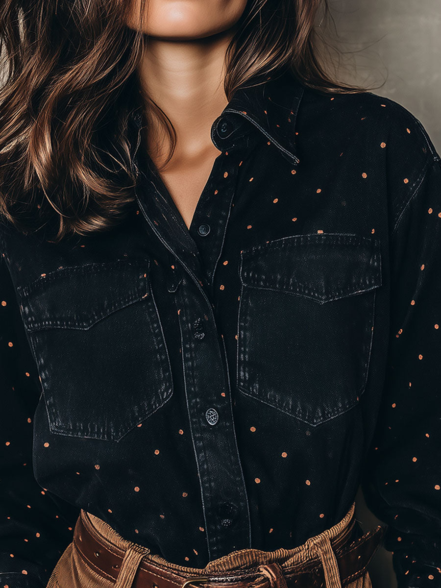 Black Denim Polka Dot Button-Up Shirt With Chest Pockets