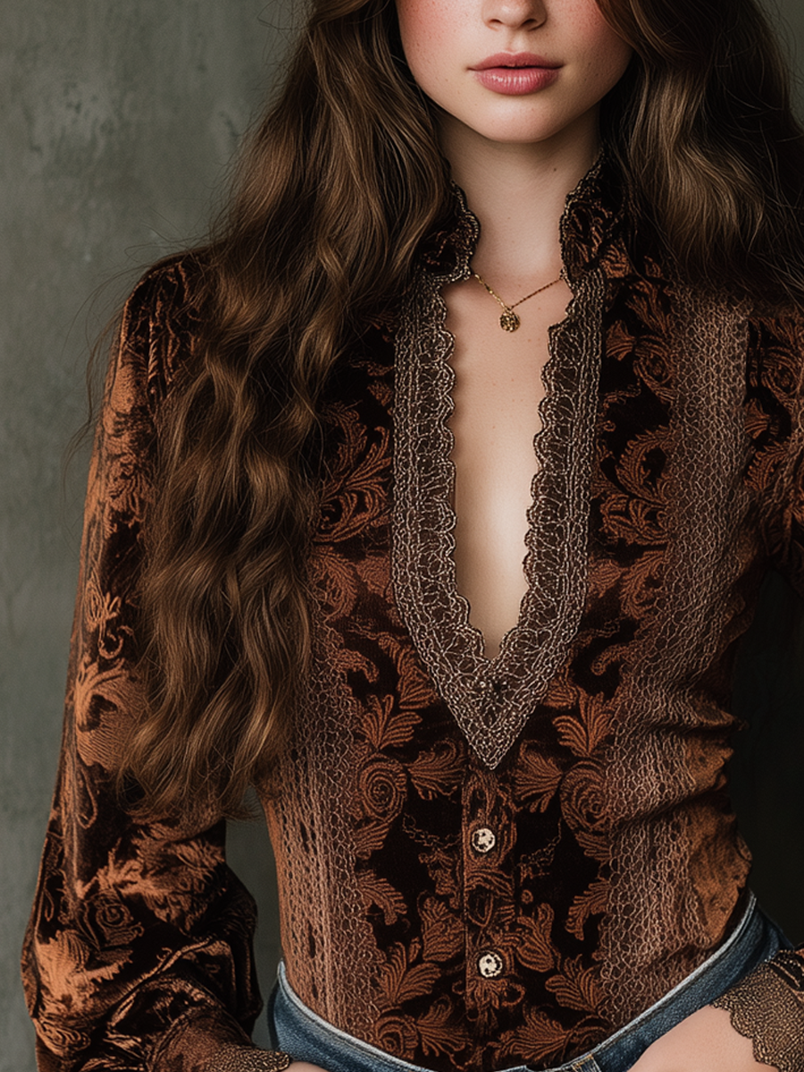 Vintage Printed Lace Trim Poly Velvet Blouse