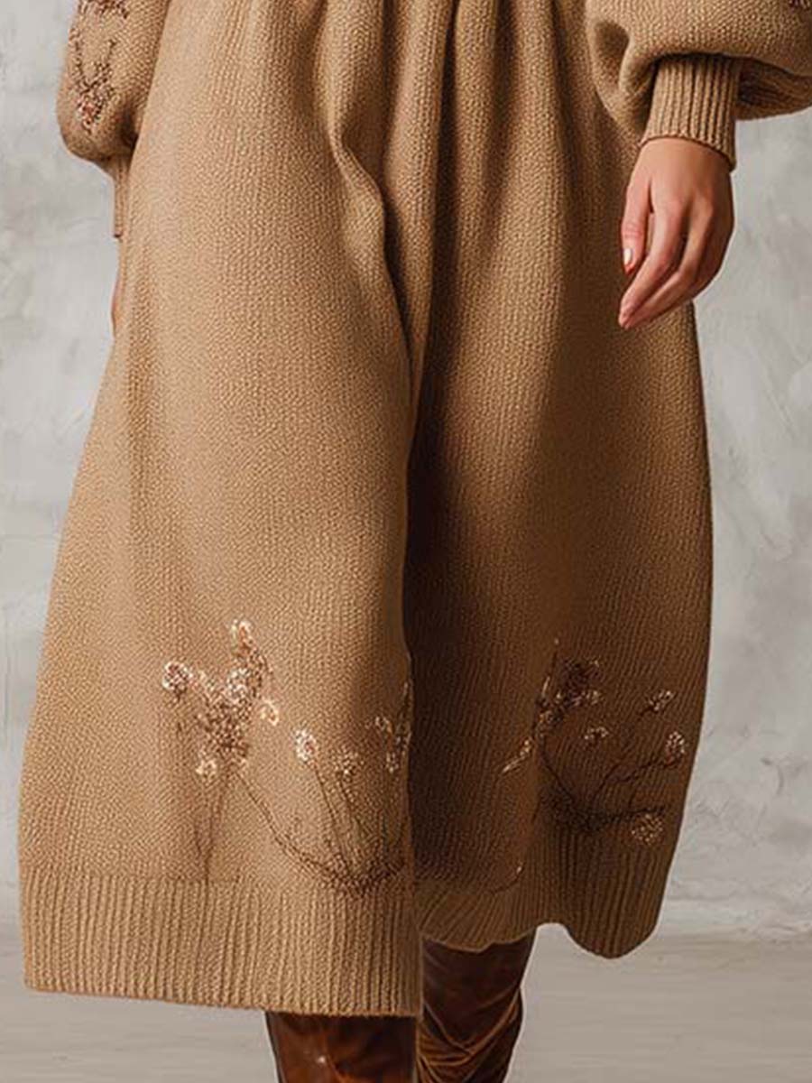 Bohemian Knit Midi Dress With Embroidered Details