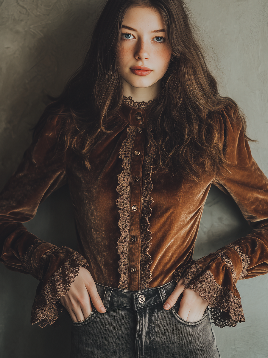 Vintage Lace Cuffs Poly Velvet Blouse