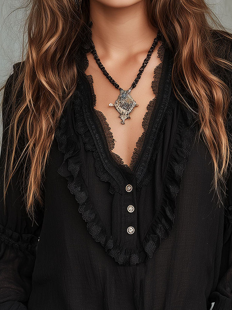 Vintage Black Ruffle Long Sleeve Blouse With Lace Trim