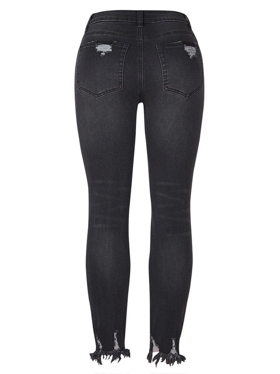 Washed Distressed Fringe Slim-fit High-stretch Jeans