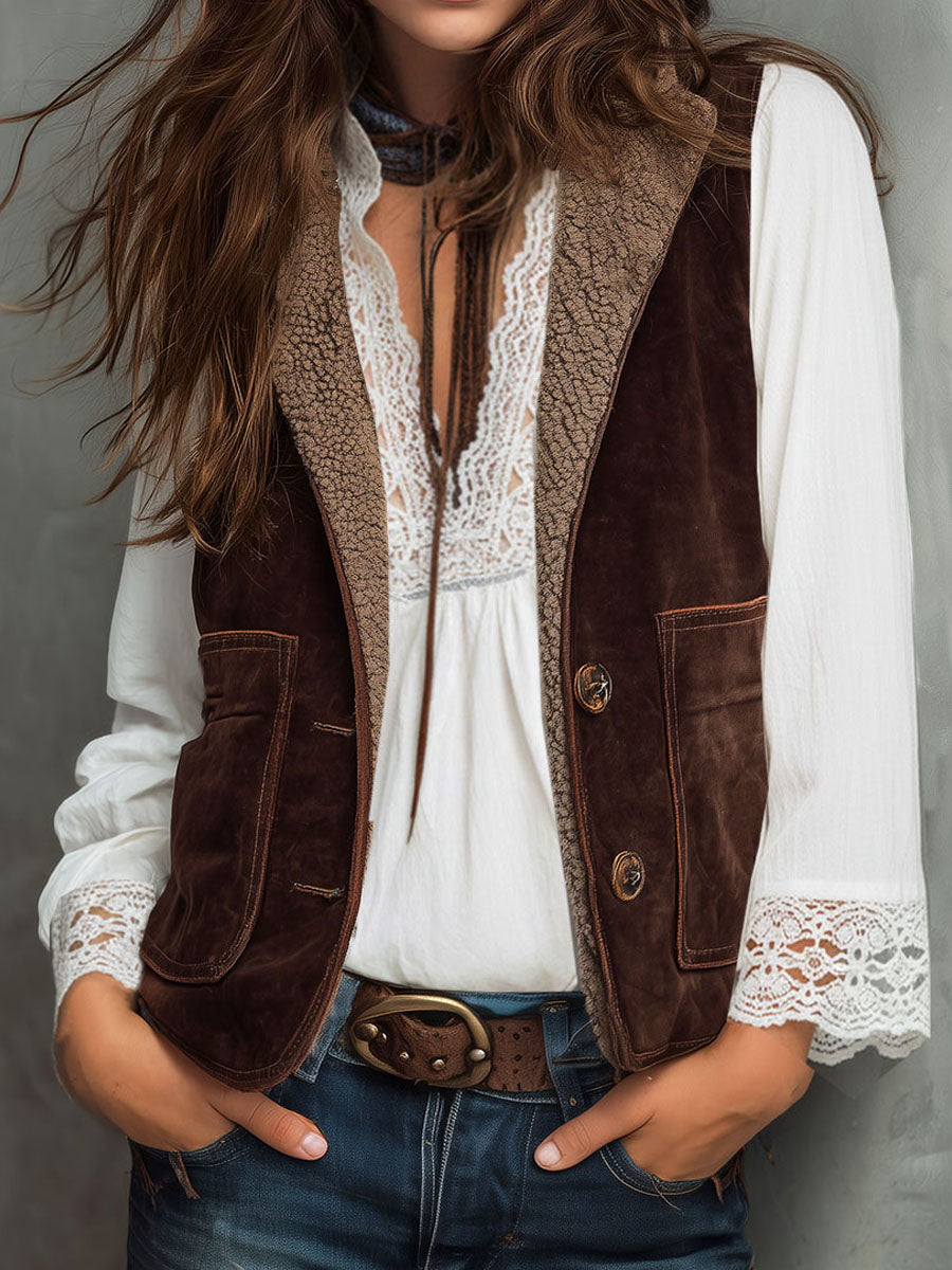 Vintage Western Brown Microsuede Waistcoat With Sherpa Lining