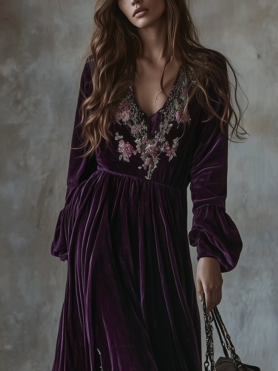 Vintage Floral Embroidered Velvet Maxi Dress