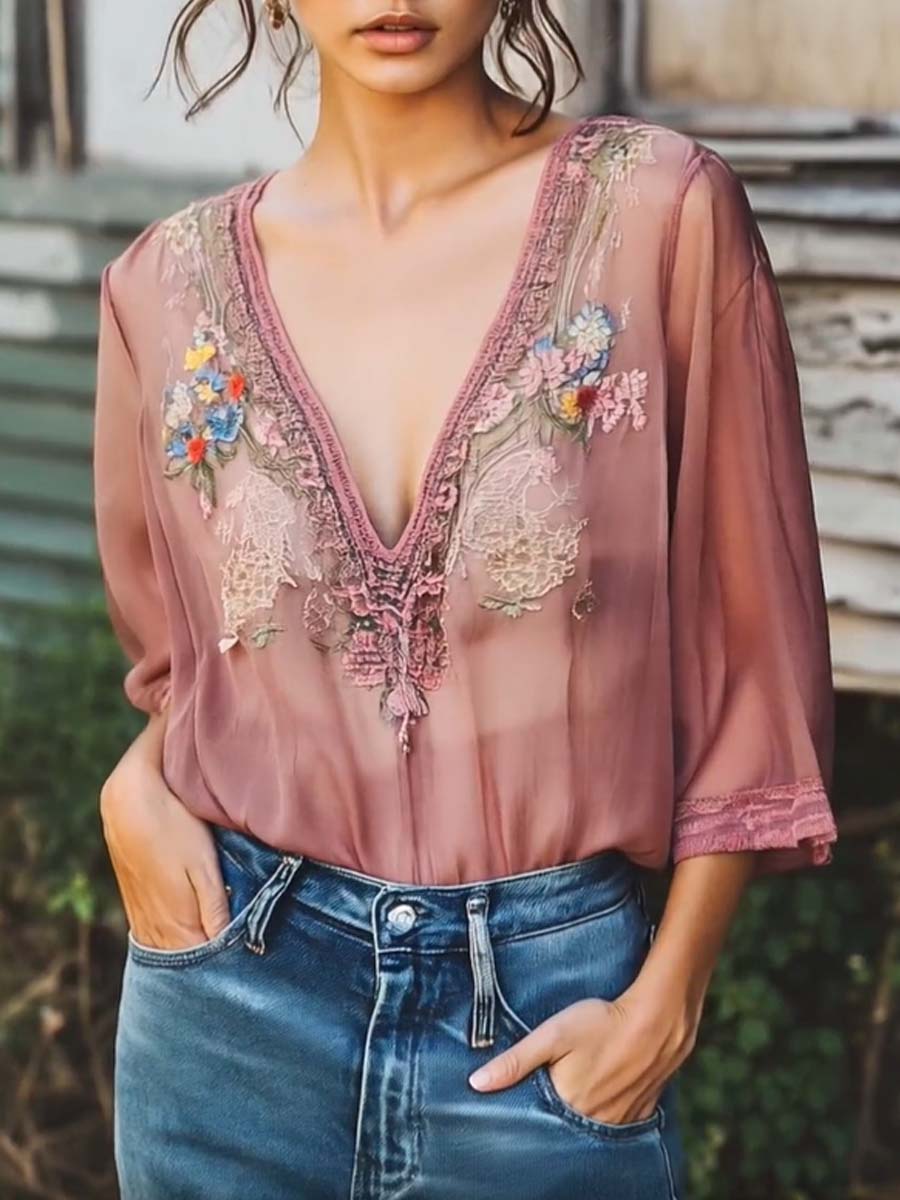 Elegant Gray Purple Floral Embroidery Half Sleeve Chiffon Shirt