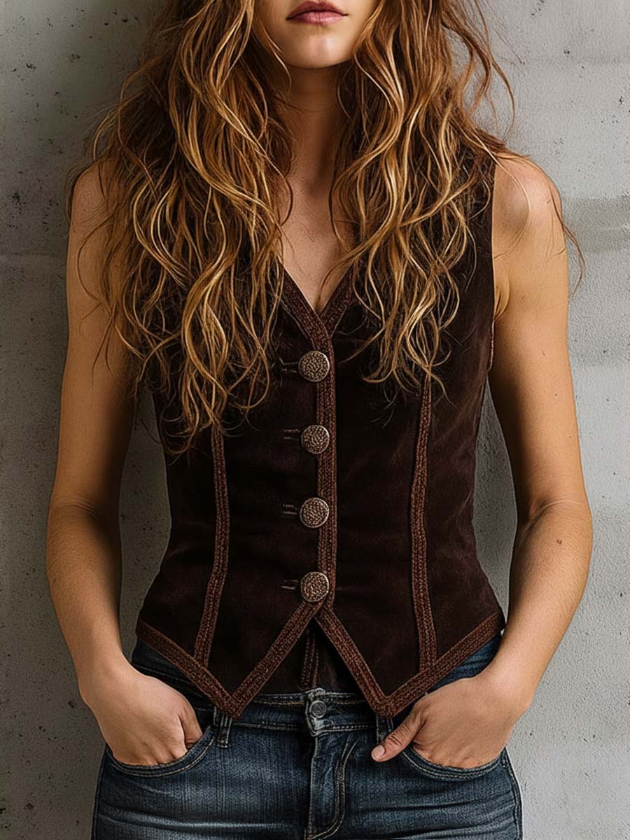 Vintage Faux Suede Vest With Decorative Buttons