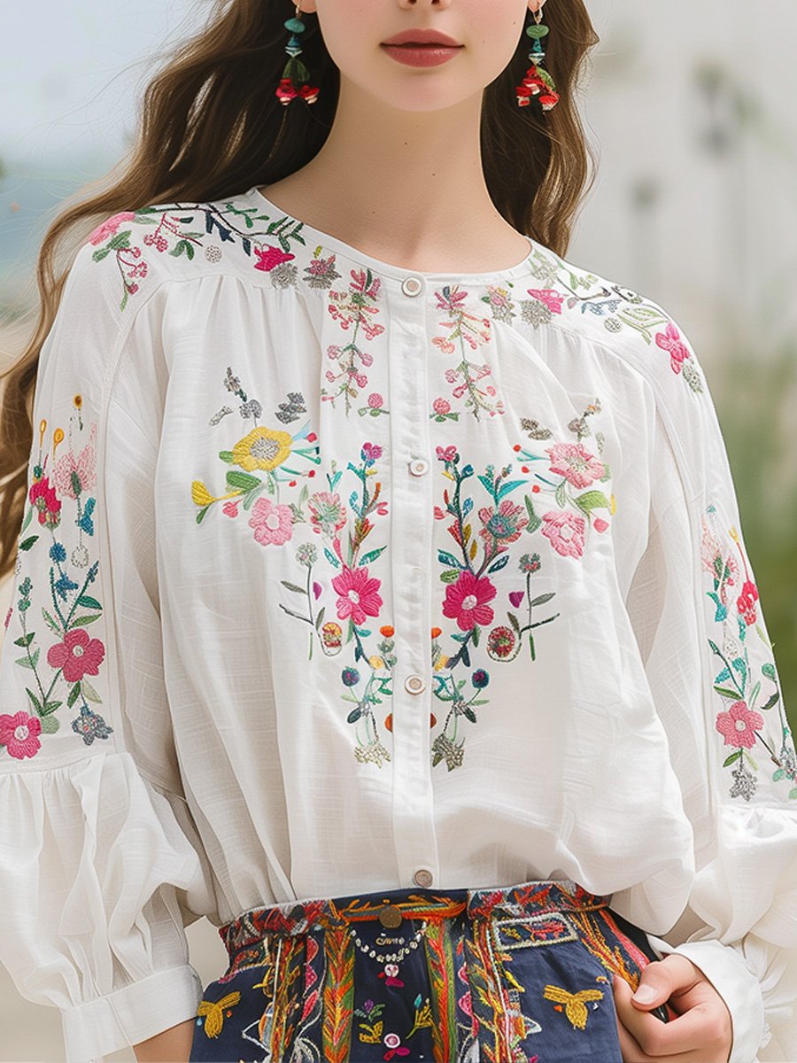 Cotton and Linen Floral Embroidery Long Sleeve Shirt