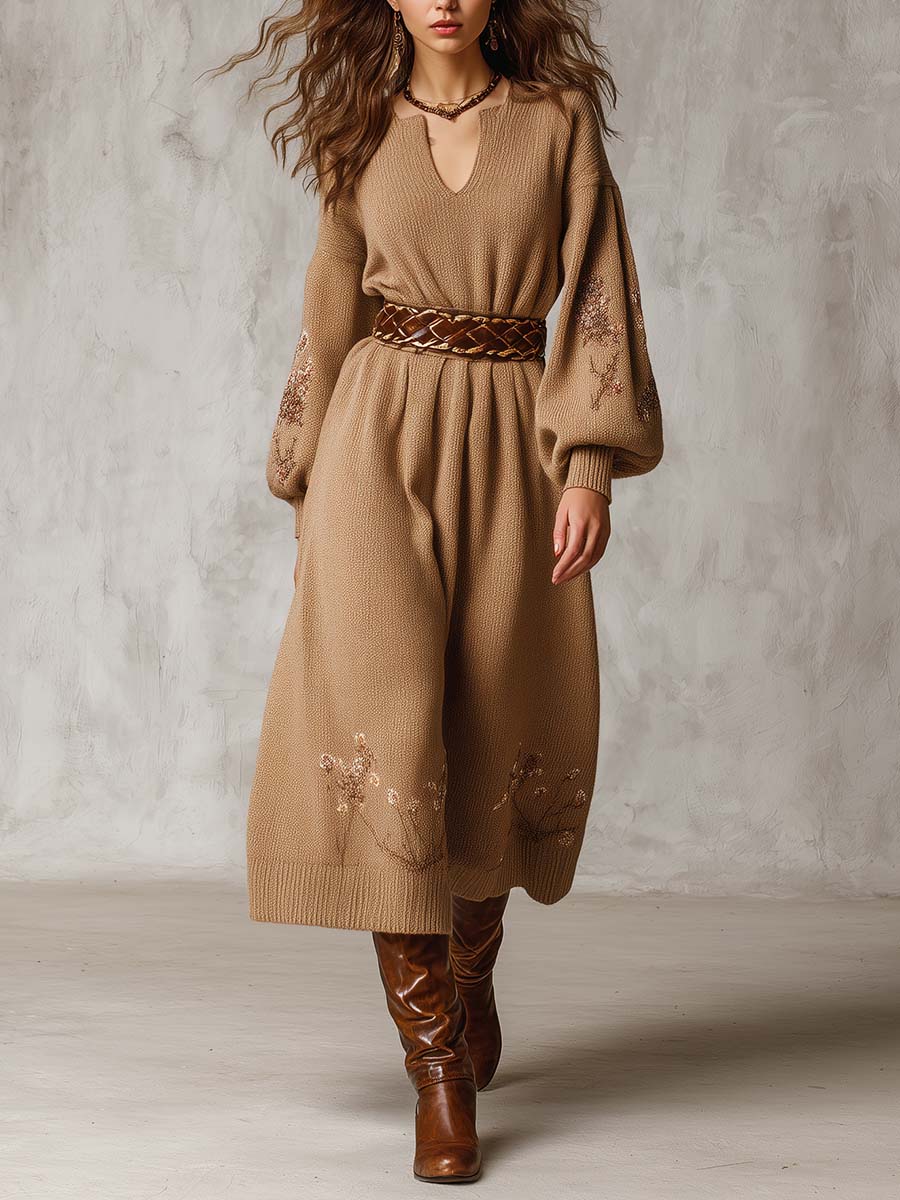 Bohemian Knit Midi Dress With Embroidered Details