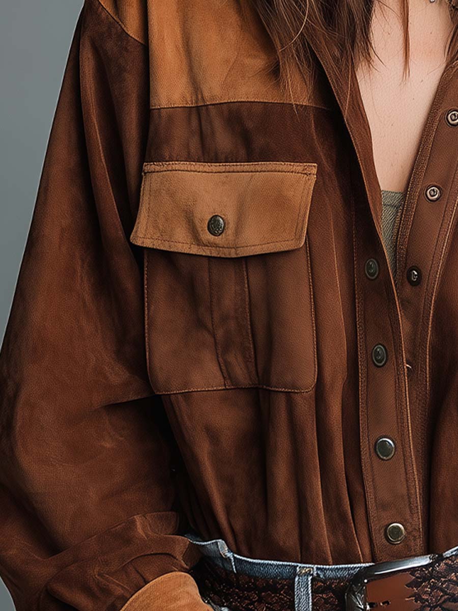 Vintage Suede Patchwork Shirt – Two-Tone Western Style