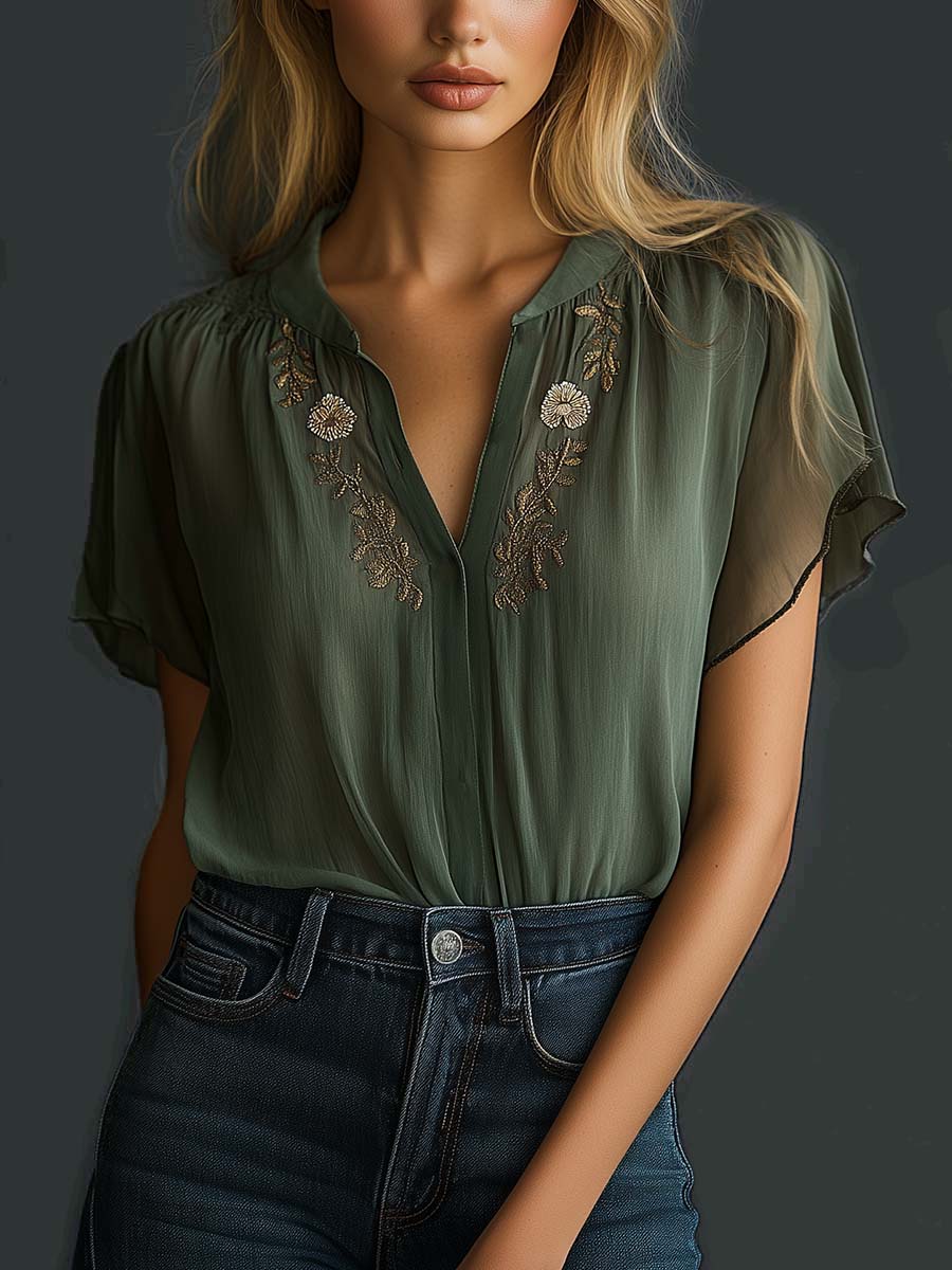 Vintage Embroidered Chiffon Short Sleeve Shirt
