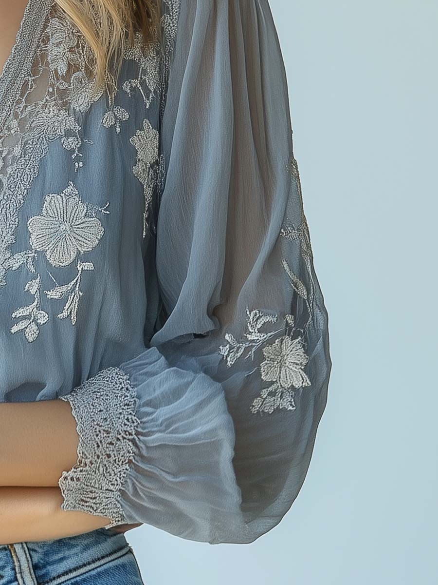 Bohemian Sheer Embroidered Lace Blouse