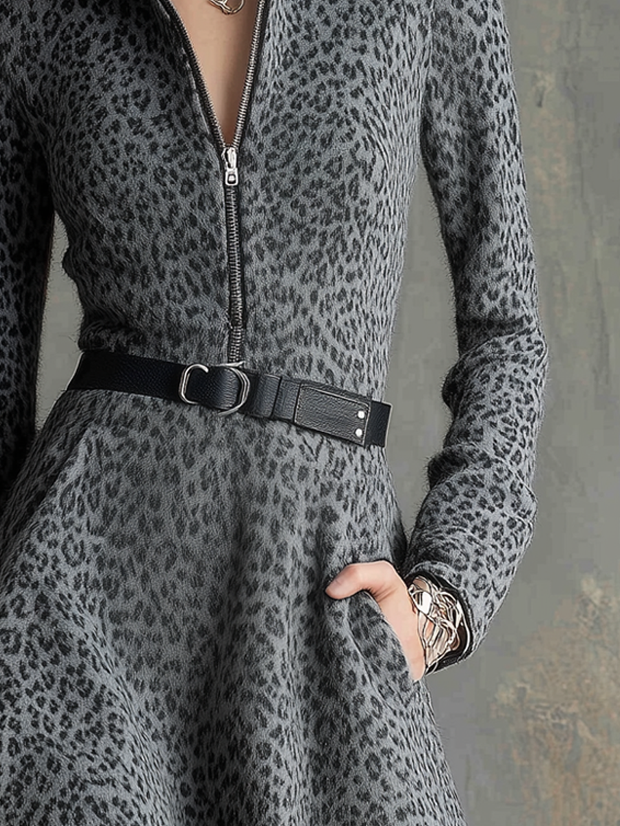 Retro Leopard Zipper Collar Knitted Mini Dress